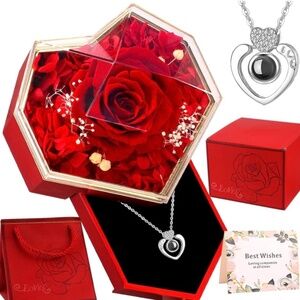 Preserved Real Red Rose with I Love You Necklace 100 Languages，Gifts for Women